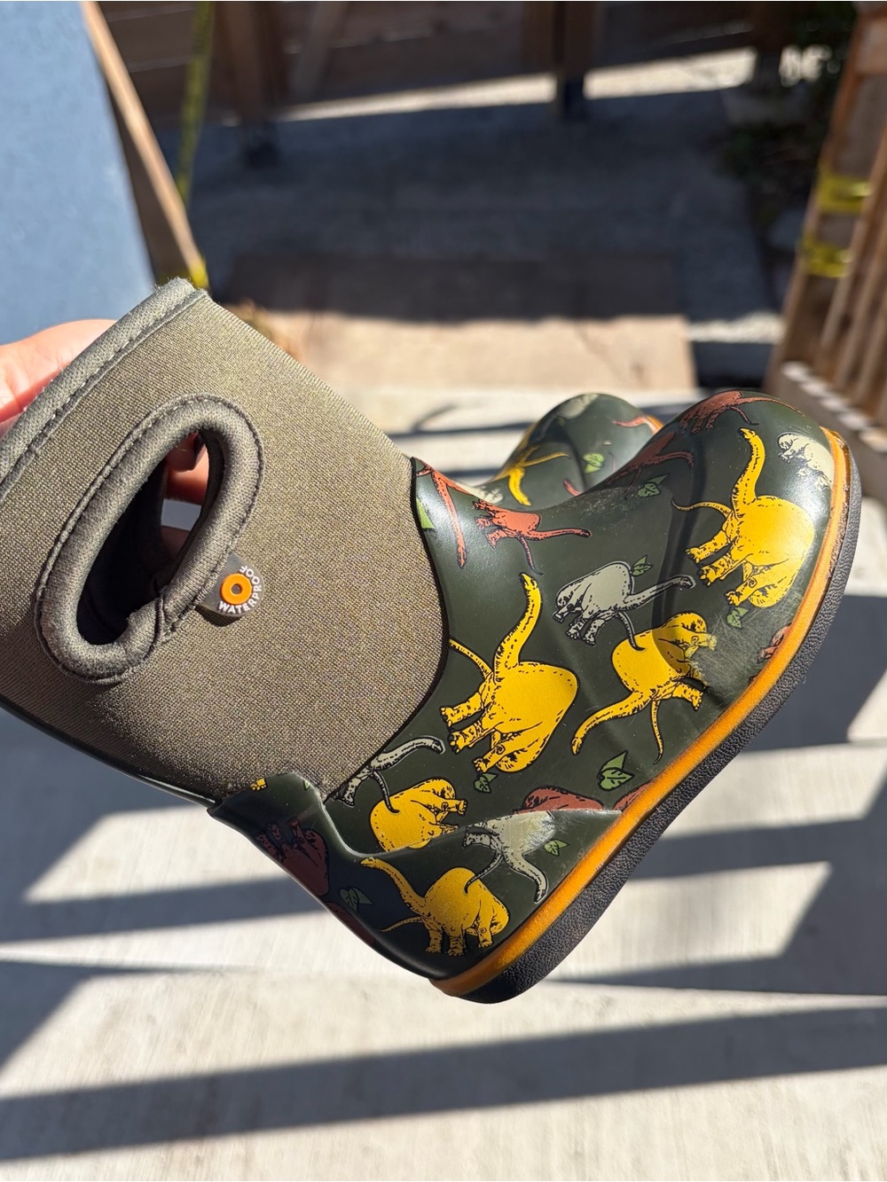 Bogs Kids Dino Pull-On Rain Boots in Olive Green and Yellow
